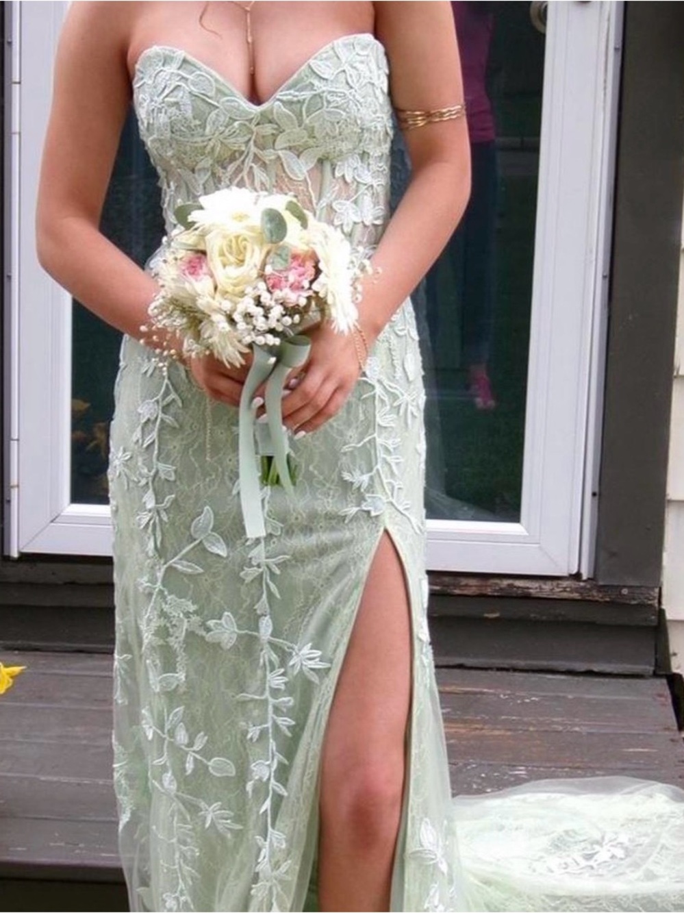 Sherri Hill Strapless Lace Gown in Light Mint